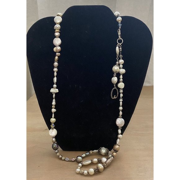 Genuine Baroque Coin Salt Water Pearls Crystals Necklace Sterling Silver - Picture 7 of 12